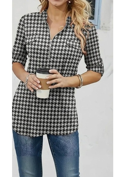 Kadın Uzun Kollu Hakim Yaka Yakadan Fermuarlı Geometrik Desenli Süprem Bluz fırsatları