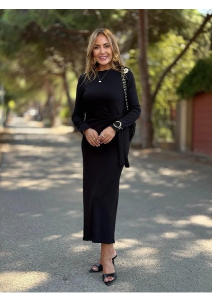 Kadın Uzun Kollu Bisiklet Yaka Yandan Bağlamalı Uzun Modal Elbise modelleri