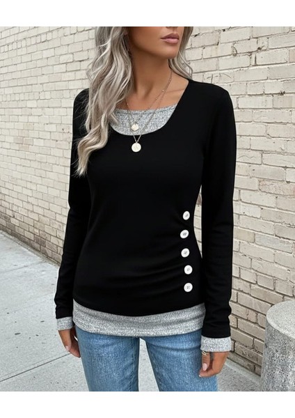 Kadın Uzun Kollu Yuvarlak Yaka Blok Renkli Yandan Düğmeli Viskon Bluz