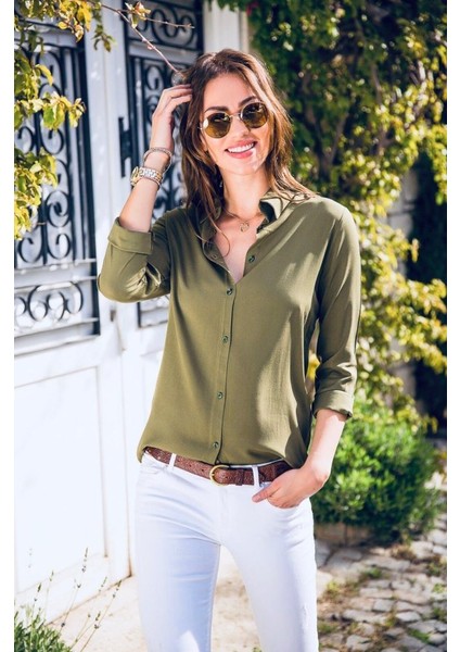 Kadın Uzun Kollu Dokuma Kumaş Klasik Gömlek