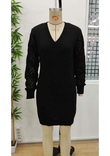 Kadın Uzun Kollu V Yakalı Mini Triko Elbise