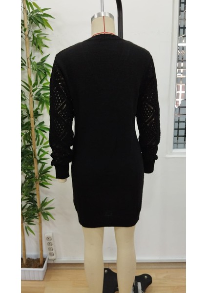 Kadın Uzun Kollu V Yakalı Mini Triko Elbise