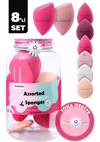 8’li Makyaj Süngeri Seti – Damla & Kesik Damla + Parmak Bantlı Pudra Pufu, Kavanoz, Toka Hediyeli