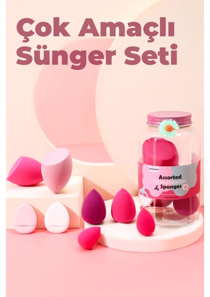 8’li Makyaj Süngeri Seti – Damla & Kesik Damla + Parmak Bantlı Pudra Pufu, Kavanoz, Toka Hediyeli indirimleri