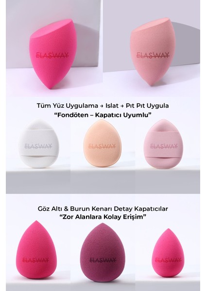 8’li Makyaj Süngeri Seti – Damla & Kesik Damla + Parmak Bantlı Pudra Pufu, Kavanoz, Toka Hediyeli