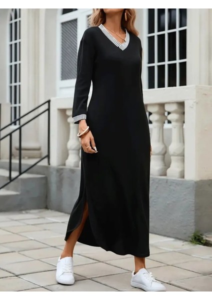 Kadın Uzun Kollu V Yakalı Yanlardan Yırtmaçlı Uzun Viskon Iki Iplik Elbise fiyatları