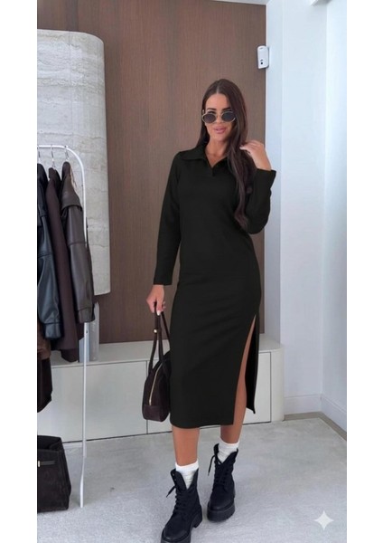 Kadın Uzun Kollu Yakalı Yandan Yırtmaçlı Midi Modal Elbise fiyatları