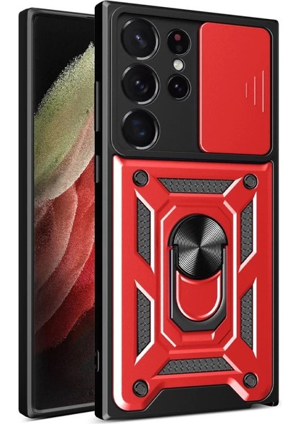 Samsung Galaxy S23 Ultra Kılıf Pars Lens Yüzüklü Silikon - Kırmızı