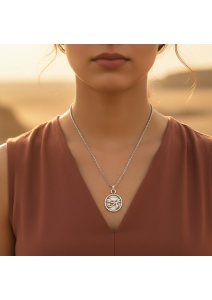 Güneş Tanrısı Ra'nın Gözü Madalyon Gümüş Kaplama Örme Zincir Kolye