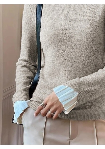 Mdb Kadın Uzun Kollu Fırfırlı Yakalı Triko Krem Bluz modelleri