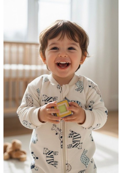 Zebra Desenli Erkek Çocuk Kışlık Uyku tulumu - krem modelleri