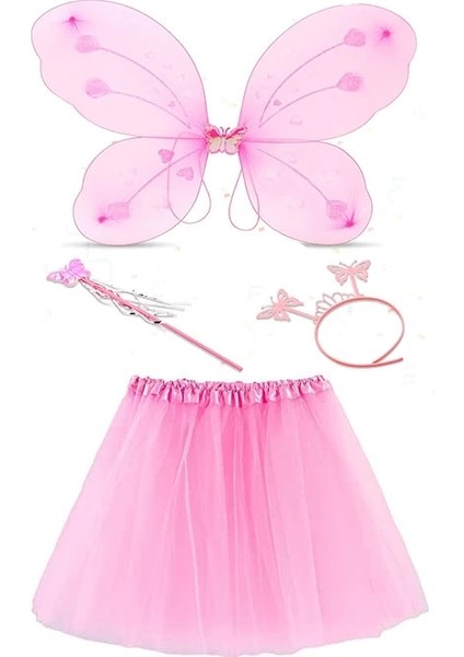 Toz Pembe Kelebek Kostümü - Toz Pembe Kelebek Kostüm Aksesuar Seti 4 Parça
