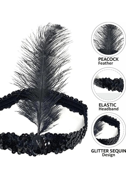 Siyah Renk Çarliston Başlık 90 Lı Yıllar 80 Li Yıllar Tüylü Saç Bandı modelleri