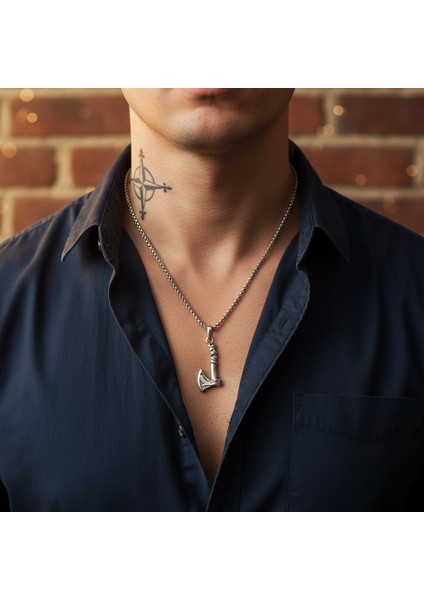 Güç Sembolü - Viking Balta Gümüş Kaplama Örme Zincir Kolye