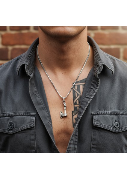 Güç Sembolü - Viking Balta Gümüş Kaplama Örme Zincir Kolye modelleri