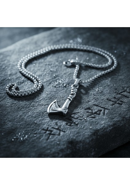 Güç Sembolü - Viking Balta Gümüş Kaplama Örme Zincir Kolye indirimleri