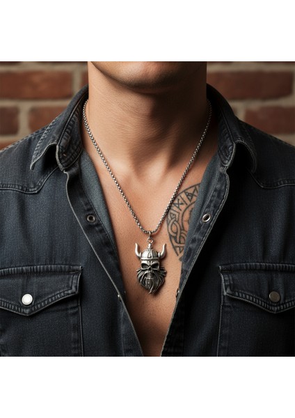 Viking Sakallı Kuru Kafa Gümüş Kaplama Örme Zincir Kolye