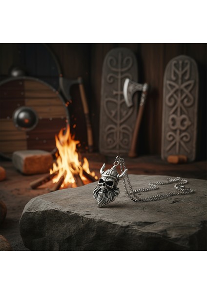 Viking Sakallı Kuru Kafa Gümüş Kaplama Örme Zincir Kolye modelleri