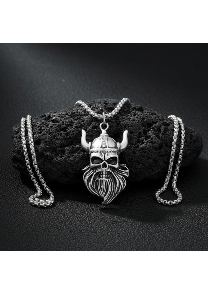 Viking Sakallı Kuru Kafa Gümüş Kaplama Örme Zincir Kolye fırsatları