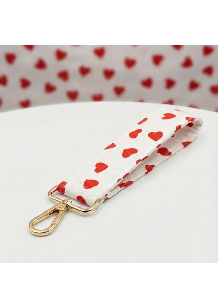 Kırmızı Kalp Desenli Kumaş Bilek Anahtarlığı