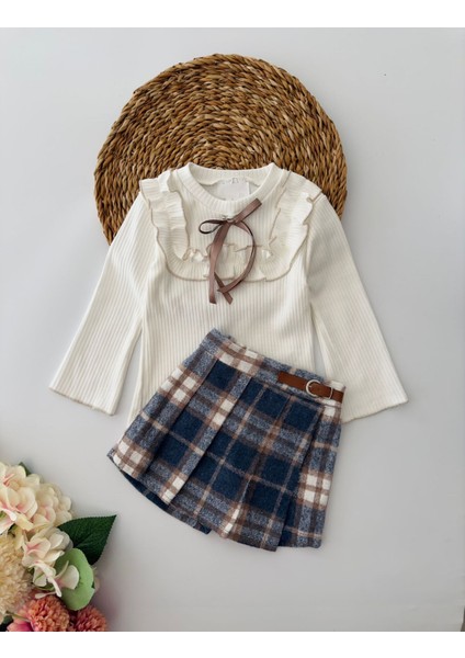Mini Kemer Detaylı Ekose Şort Etekli Kız Çocuk Takım - Mavi