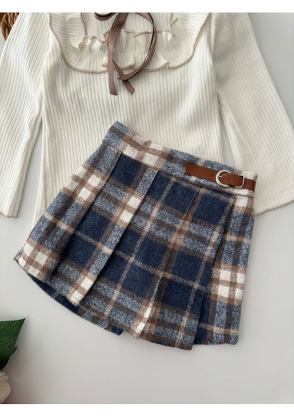 Mini Kemer Detaylı Ekose Şort Etekli Kız Çocuk Takım - Mavi fiyatları