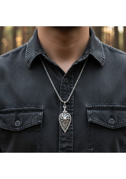 Viking Kolovrat Kalkan Gümüş Kaplama Örme Zincir Kolye