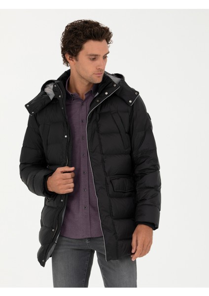 Erkek Siyah Kapüşonlu Kaz Tüyü Mont 50273107-VR046