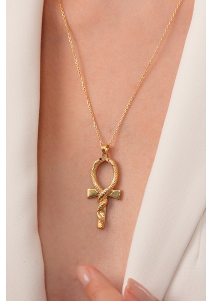 925 Ayar Gümüş Üzeri Altın Kaplama Yılan Figürlü Ankh El Yapımı Kolye