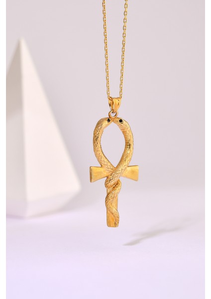 925 Ayar Gümüş Üzeri Altın Kaplama Yılan Figürlü Ankh El Yapımı Kolye fiyatları
