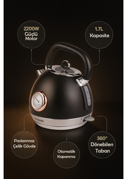 YK-880ST 2200W 360° Döner Taban Kablosuz Kullanım Retro Su Isıtıcı Kettle