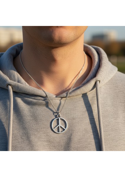 Peace Barış İşareti Gümüş Kaplama Örme Zincir Kolye