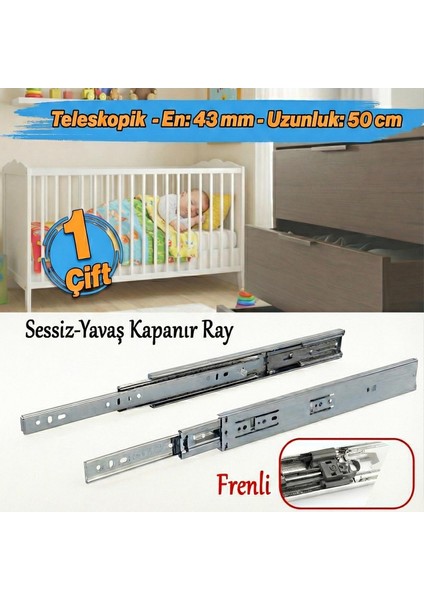 Frenli Teleskopik Çekmece Rayı Bilyalı Dolap Çekmecesi Ray Metal (1 Çift ) En 4.3 cm Uzunluk 50 cm