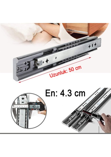 Frenli Teleskopik Çekmece Rayı Bilyalı Dolap Çekmecesi Ray Metal (1 Çift ) En 4.3 cm Uzunluk 50 cm modelleri
