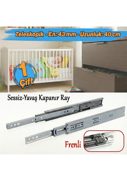 Frenli Teleskopik Çekmece Rayı Bilyalı Dolap Çekmecesi Ray Metal En 4.3 cm Uzunluk 40 Cm(1 Çift )