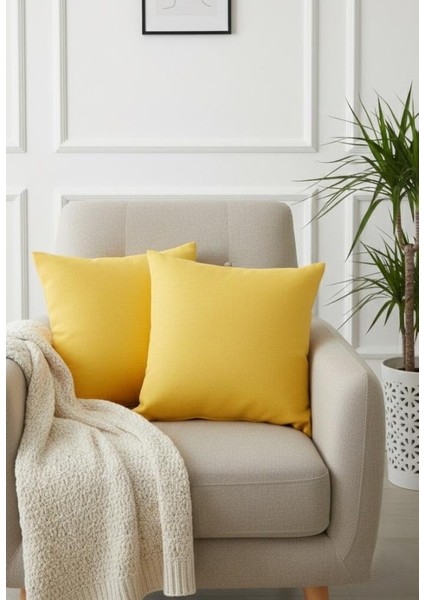 Rio Düz Keten Kırlent Kılıfı 2 Adet Kare Sarı