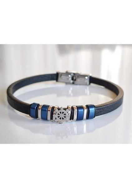 Deri Kordonlu Seramik Taşlı Gemici Dümenli Lüks Erkek Bileklik