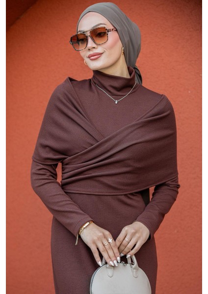 Simge Omuz Detaylı Kaşkorse Elbise-Kahve fiyatları