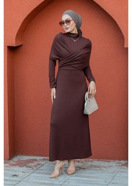 Simge Omuz Detaylı Kaşkorse Elbise-Kahve modelleri