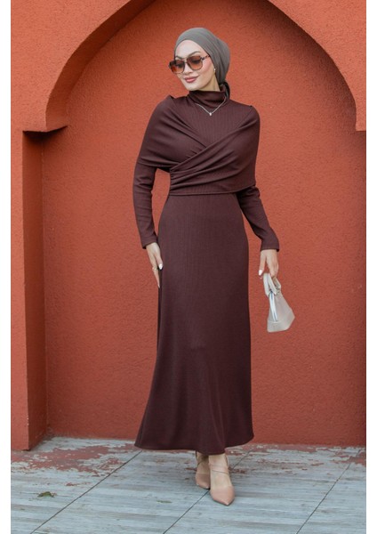 Simge Omuz Detaylı Kaşkorse Elbise-Kahve indirimleri