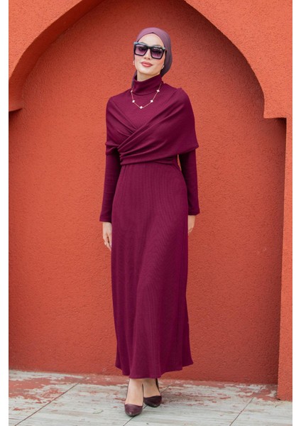 Simge Omuz Detaylı Kaşkorse Elbise-Mürdüm