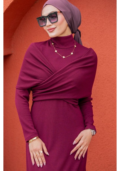 Simge Omuz Detaylı Kaşkorse Elbise-Mürdüm fiyatları