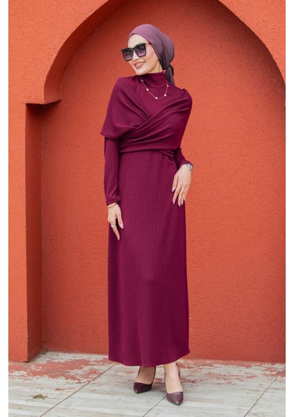 Simge Omuz Detaylı Kaşkorse Elbise-Mürdüm modelleri