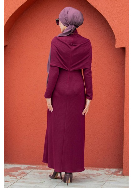 Simge Omuz Detaylı Kaşkorse Elbise-Mürdüm fırsatları