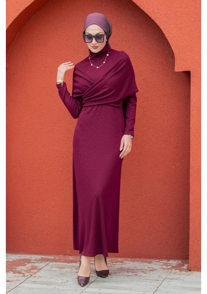 Simge Omuz Detaylı Kaşkorse Elbise-Mürdüm indirimleri