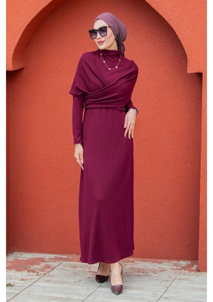 Simge Omuz Detaylı Kaşkorse Elbise-Mürdüm