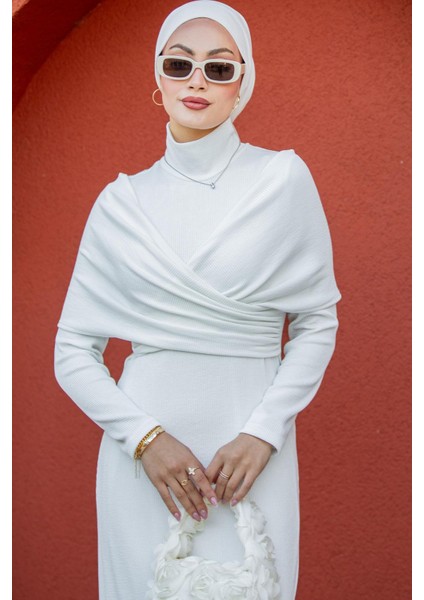 Simge Omuz Detaylı Kaşkorse Elbise-Beyaz fiyatları