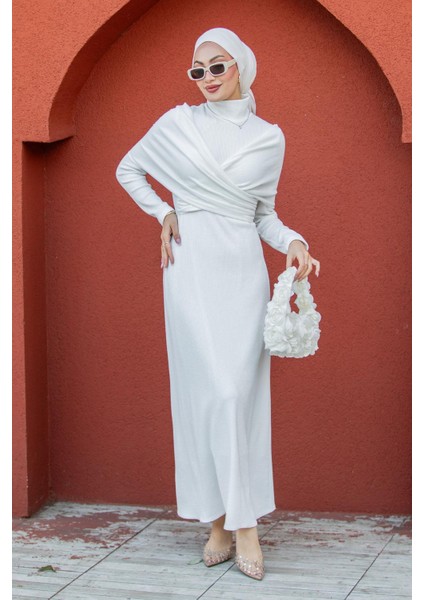 Simge Omuz Detaylı Kaşkorse Elbise-Beyaz modelleri