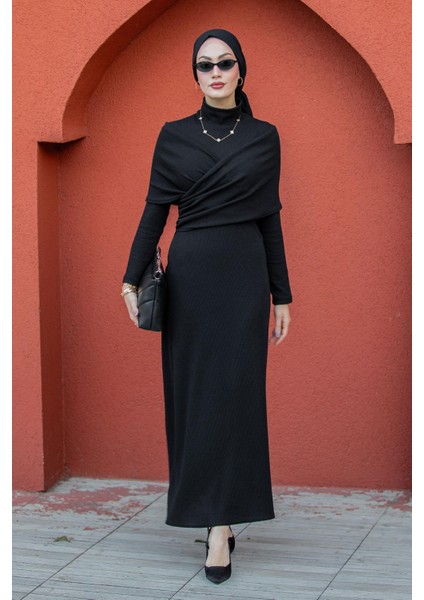 Simge Omuz Detaylı Kaşkorse Elbise-Siyah modelleri