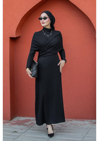 Simge Omuz Detaylı Kaşkorse Elbise-Siyah indirimleri